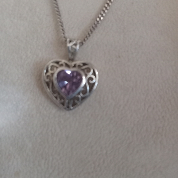 Amethyst Heart shape Sterling Silver necklace made in Italy .925  9 in drop - Picture 5 of 7